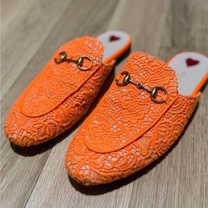 Gucci Lace Slip-On Mules in Bright Orange
